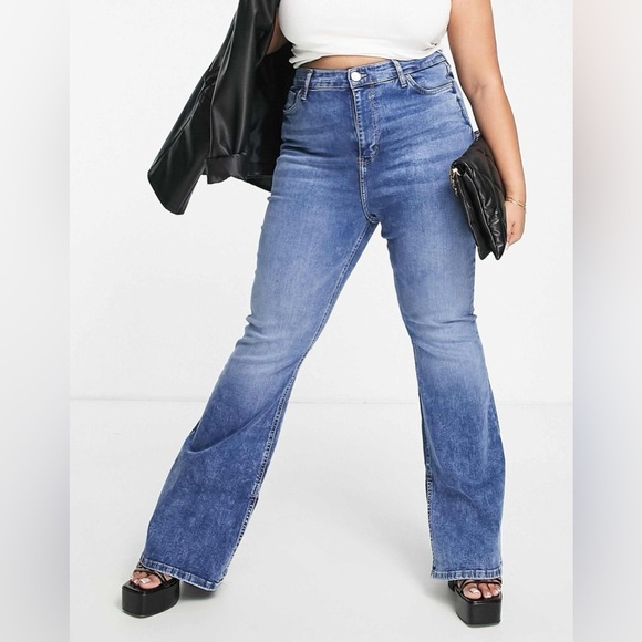 River Island Plus mid rise slit side flared jeans 14 XL medium blue stretch high - Picture 1 of 15